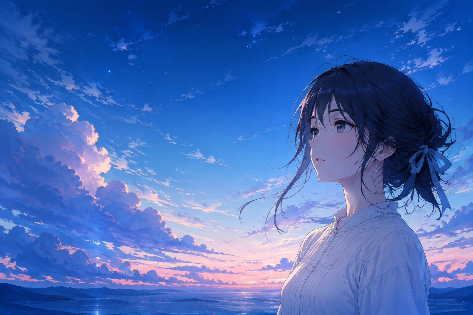 原创动漫头像：蓝色天空下系着发带的人物。